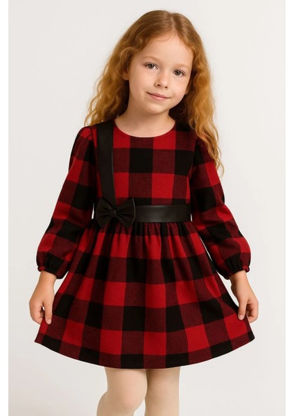 Kız Çocuk Elbise Kırmızı Siyah Ekose Desen Kuşak ve Fiyonk Deri Detaylı Uzun Kollu 3-8 Yaş fiyatları