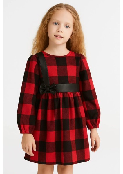 Kız Çocuk Elbise Kırmızı Siyah Ekose Desen Kuşak ve Fiyonk Deri Detaylı Uzun Kollu 3-8 Yaş modelleri