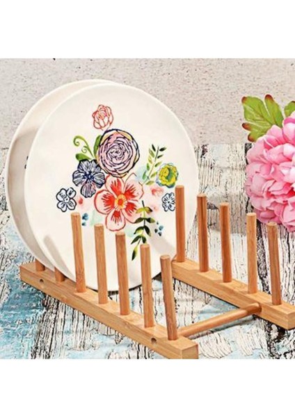 6'lı Doğal Ahşap Tabak Koyma ve Düzenleme Standı, Ekru Renk, Şık Tasarım