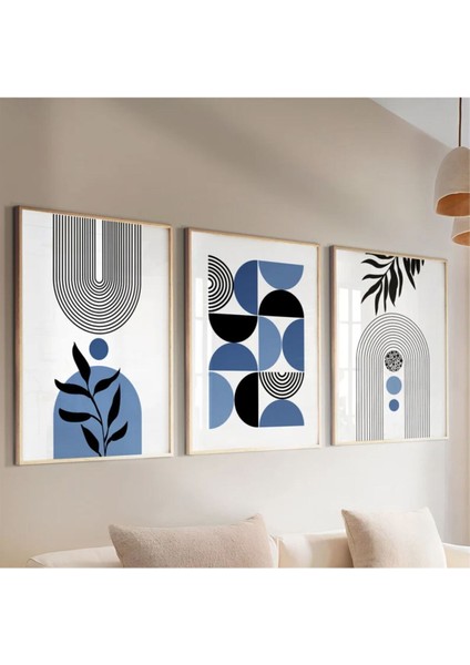 Mavi Renkli Ahşap Çerçeveli 3'lü Soyut Tablo, Şık ve Modern Dekorasyon.