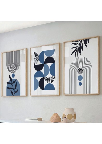 Mavi Renkli Ahşap Çerçeveli 3'lü Soyut Tablo, Şık ve Modern Dekorasyon. fiyatları