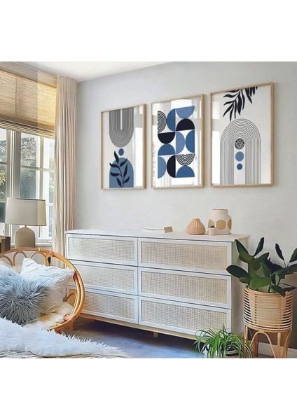 Mavi Renkli Ahşap Çerçeveli 3'lü Soyut Tablo, Şık ve Modern Dekorasyon. modelleri