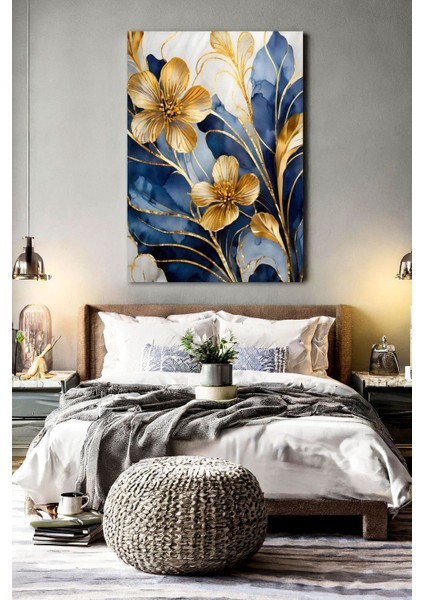 Mavi Gold Çiçekler Kanvas Tablo, Şık Duvar Dekoru ile Yaşam Alanınıza Güzellik Katın fiyatları