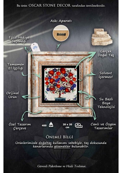 Renkli Taş Duvar Tablosu Seti 3'lü 20X20 Cm, Dekoratif Hediye