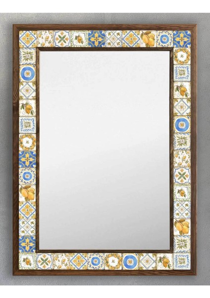 Turuncu Mozaik Taşlı Çerçeveli Ayna 53X73 Cm, Seramik Desenli, Limon Renkli