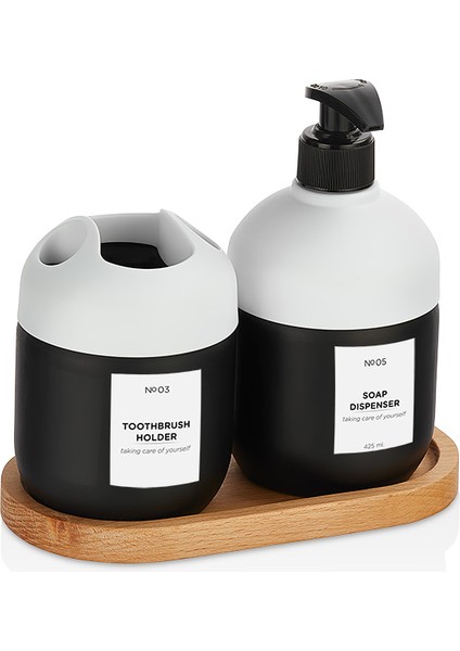 Qlux Sıvı Sabunluk Diş Fırçalık Seti Ahşap Stantlı Banyo Seti Ahşap Stantlı Cam Sıvı Sabunluk Diş Fırçalık