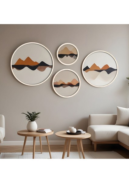 Renkli 4'lü Yuvarlak Ahşap Çerçeveli Modern Tablo Seti