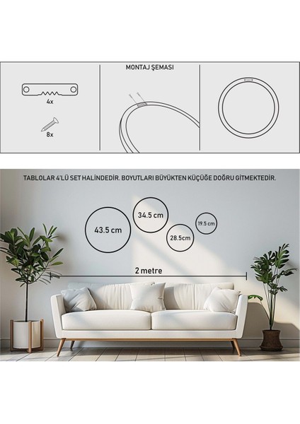 Renkli 4'lü Yuvarlak Ahşap Çerçeveli Modern Tablo Seti modelleri