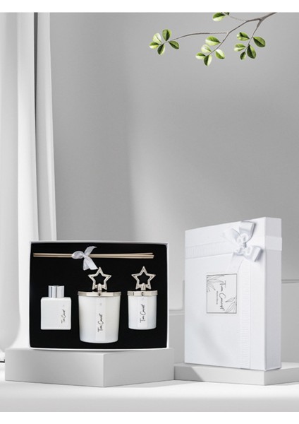 Şık Tasarım Kutulu Vanilya Kokulu Gümüş Tepelikli 3'lü Mum ve Oda Koku Seti modelleri