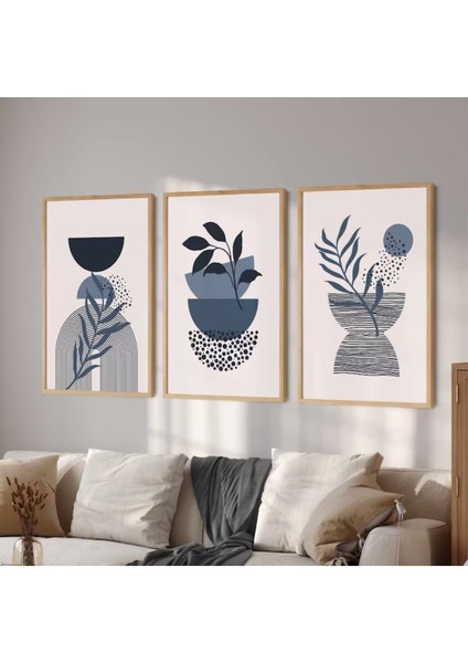 Mavi Ahşap Çerçeveli 3 Lü Soyut Tablo, Ev ve Ofis Dekorasyonu Için Şık Seçenek