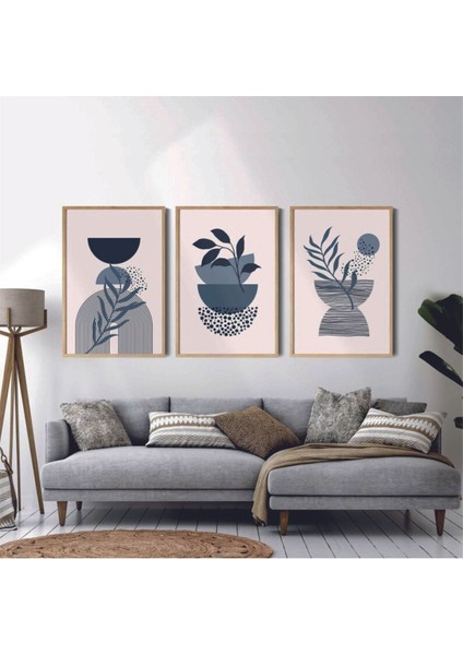 Mavi Ahşap Çerçeveli 3 Lü Soyut Tablo, Ev ve Ofis Dekorasyonu Için Şık Seçenek fiyatları