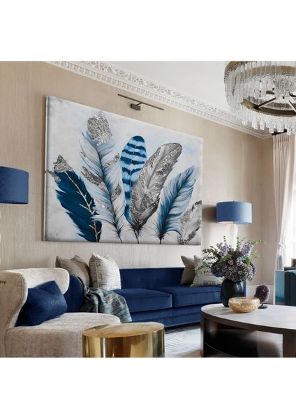 Lacivert-Gri Renkli Modern Tüy Tablosu, Çerçevesiz Kanvas Sanat Eseri