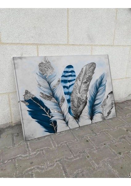 Lacivert-Gri Renkli Modern Tüy Tablosu, Çerçevesiz Kanvas Sanat Eseri fiyatları