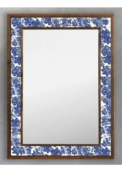 Mavi Seramik Desenli Ahşap Çerçeveli Mozaik Taş Aynası 53X73 cm
