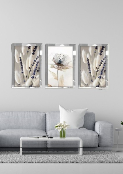 Modern Beyaz Çiçekli 3'lü Tablo Seti, Şık ve Sade Dekorasyon Için Ideal