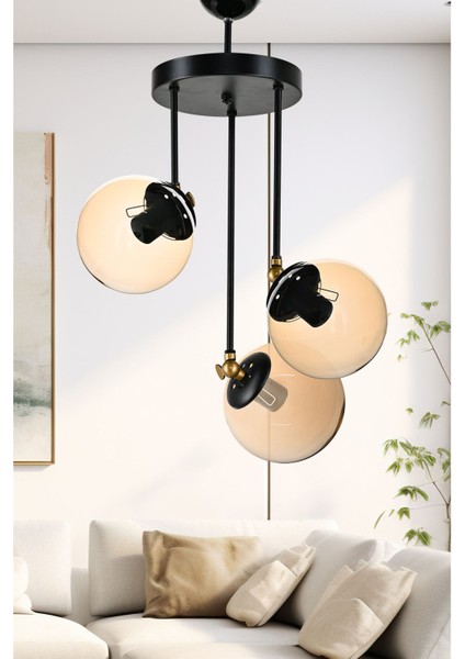 Modern Üçlü Avize, Cam Gövde, Siyah Şık Tasarım, Şık Aydınlatma Seçeneği