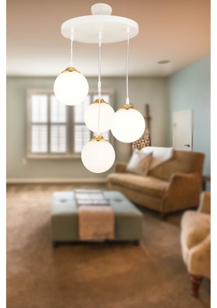 Şık Beyaz Sarkıt Tepsi 4'lü Camlı Lüks Avize Seti