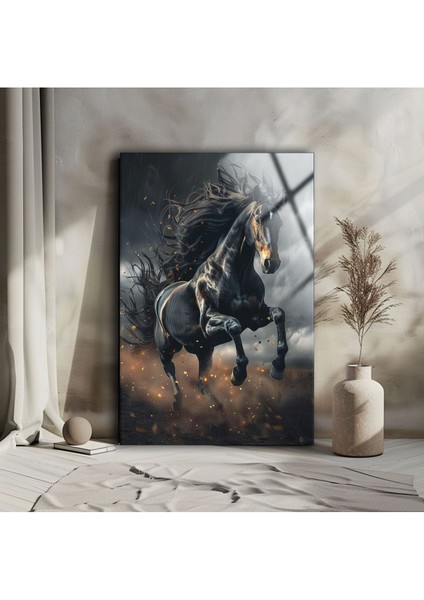 Şık Siyah At Temalı Modern Cam Tablo, Dekoratif Duvar Sanatı