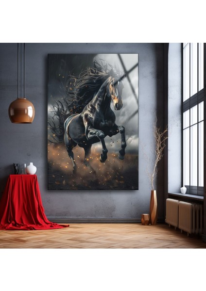 Şık Siyah At Temalı Modern Cam Tablo, Dekoratif Duvar Sanatı fiyatları