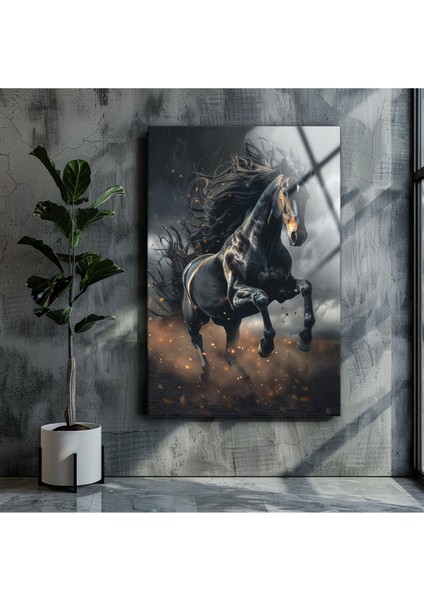 Şık Siyah At Temalı Modern Cam Tablo, Dekoratif Duvar Sanatı modelleri