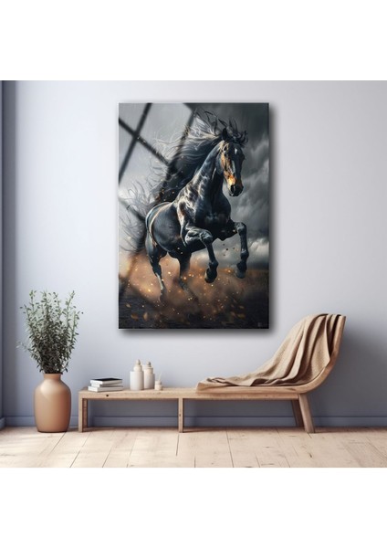 Şık Siyah At Temalı Modern Cam Tablo, Dekoratif Duvar Sanatı fırsatları
