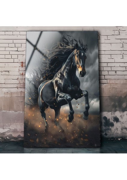 Şık Siyah At Temalı Modern Cam Tablo, Dekoratif Duvar Sanatı indirimleri