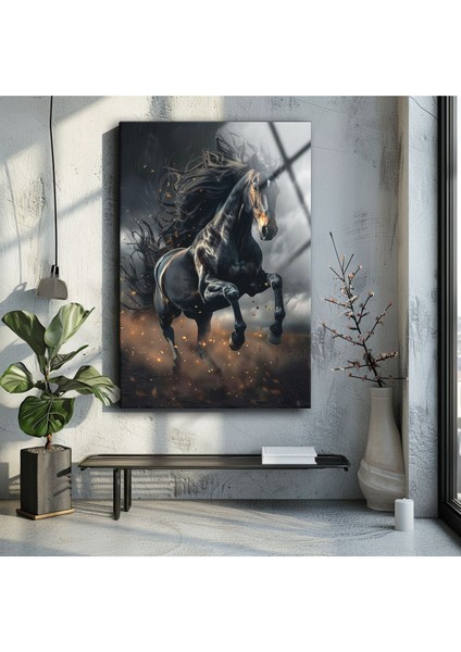 Şık Siyah At Temalı Modern Cam Tablo, Dekoratif Duvar Sanatı