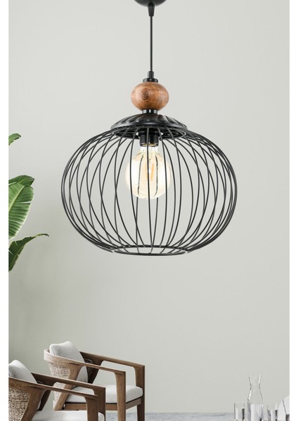 Siyah Sarkıt Avize, Ahşap Detaylı, Şık ve Modern Tasarım