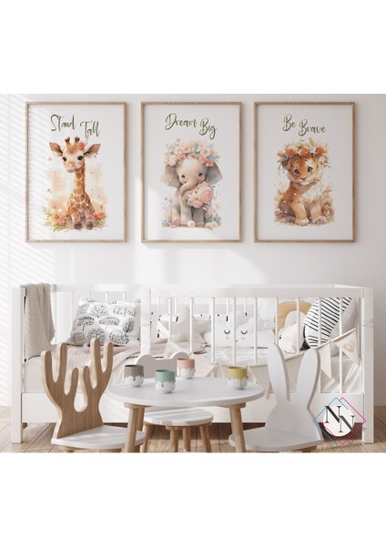 Doğal Ahşap Çerçeveli Bebek ve Çocuk Odası 3'lü Tablo Seti - Sevimli Hayvanlar