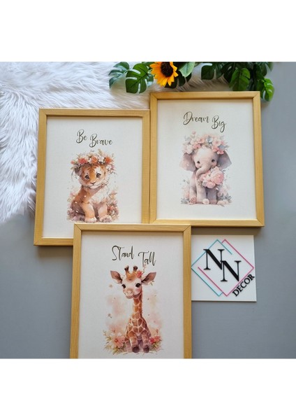 Doğal Ahşap Çerçeveli Bebek ve Çocuk Odası 3'lü Tablo Seti - Sevimli Hayvanlar fiyatları
