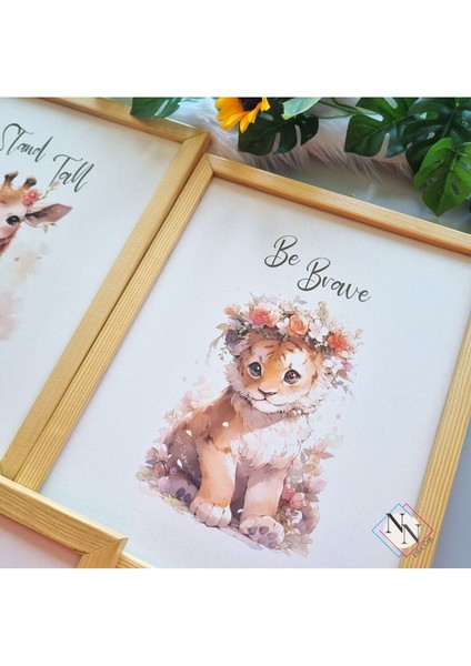 Doğal Ahşap Çerçeveli Bebek ve Çocuk Odası 3'lü Tablo Seti - Sevimli Hayvanlar modelleri