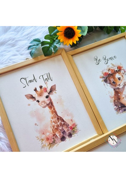 Doğal Ahşap Çerçeveli Bebek ve Çocuk Odası 3'lü Tablo Seti - Sevimli Hayvanlar fırsatları