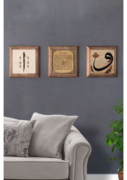 Renkli 3'lü Ahşap Çerçeveli Taş Tablo Seti 28X28 cm