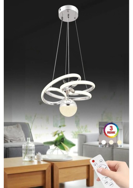 Modern Gümüş LED Avize, Kumandalı, Üç Renk, Şık ve Şık Tasarım