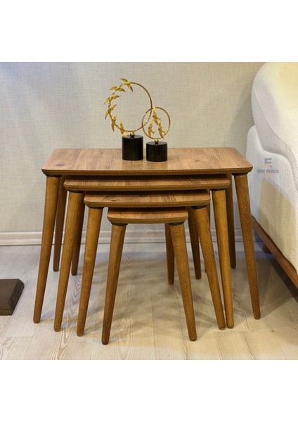 Evim Mobilya Lüks 1. Sınıf Mdf Tek Katlı 4’lü Zigon Sehpa Seti – Beyaz & Ceviz, Modern Tasarım