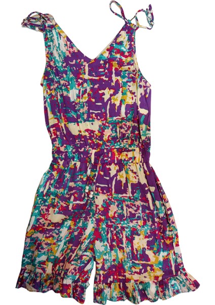 Kız Çocuk Şort Tulum Elbise – %100 Viskoz, Ayarlanabilir Boncuklu Askılı, Beli Lastikli, Paçalar Fırfırlı ve Cepli fiyatları