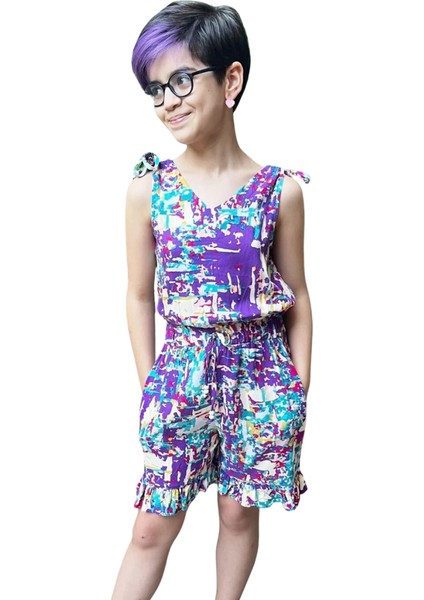 Kız Çocuk Şort Tulum Elbise – %100 Viskoz, Ayarlanabilir Boncuklu Askılı, Beli Lastikli, Paçalar Fırfırlı ve Cepli fırsatları