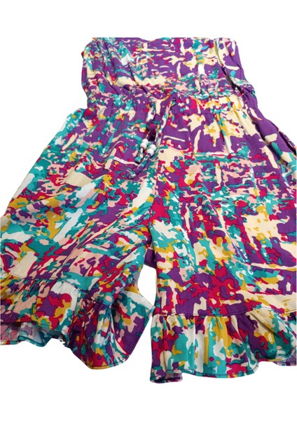 Kız Çocuk Şort Tulum Elbise – %100 Viskoz, Ayarlanabilir Boncuklu Askılı, Beli Lastikli, Paçalar Fırfırlı ve Cepli