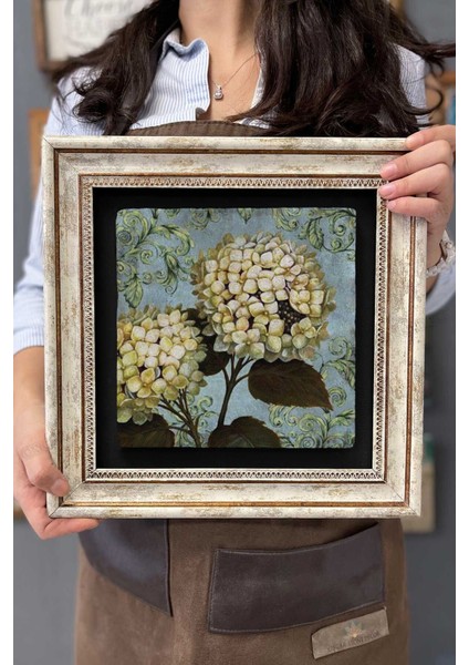 30X30 cm Çok Renkli Ortanca Çiçeği Taşlı Çerçeveli Duvar Tablosu