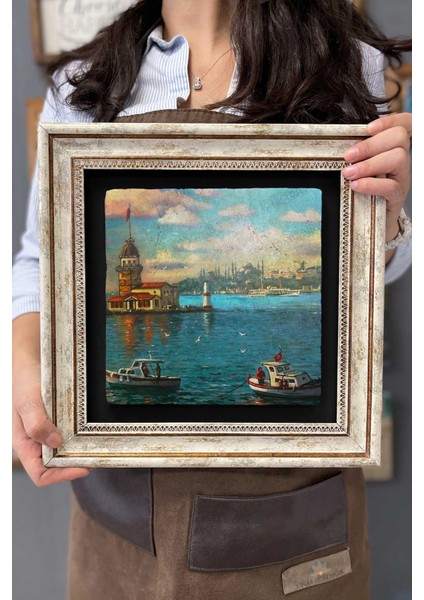 Renkli Taş Duvar Dekoru, 30X30 Cm, Kız Kulesi Temalı, Şık ve Estetik Tablo