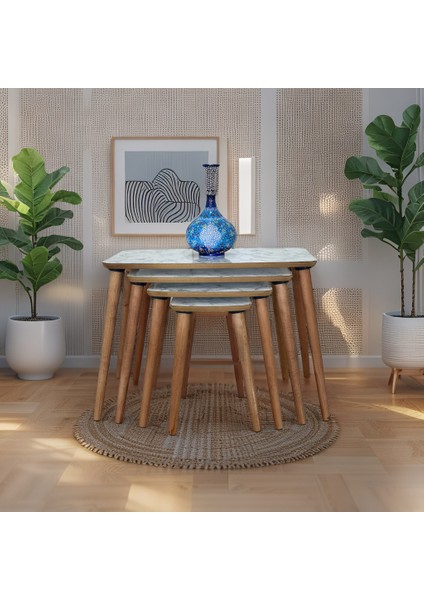 Evim Mobilya Lüks 1. Sınıf Mdf Tek Katlı 4’lü Zigon Sehpa Seti – Beyaz & Ceviz, Modern Tasarım