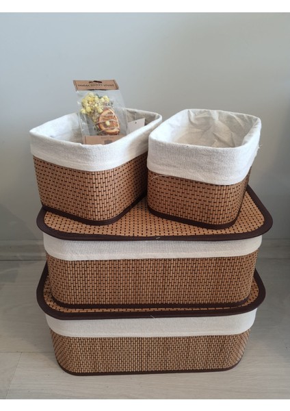 Bambu Dikdörtgen 4'lü Sepet 2 Kapaklı - 2 Kapaksız