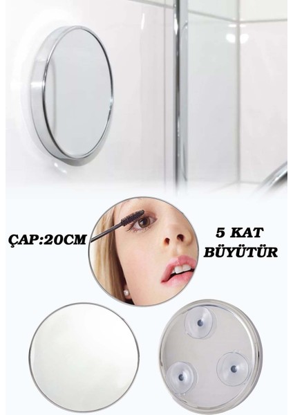 Vantuzlu Büyüteçli Makyaj Aynası, 20CM, Krom, 5x Büyüteç, Şık ve Kullanışlı Tasarım