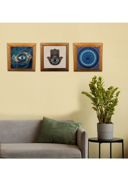 Kahverengi Ahşap Çerçeveli 3'lü Taş Tablo Seti 26X26