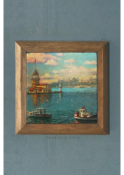 Turuncu 28X28 cm Masif Çerçeveli Kız Kulesi Doğaltaş Tablo Pano