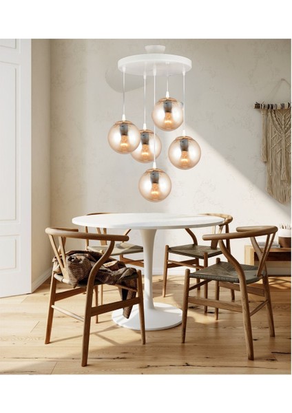 Şık Beyaz Sarkıt Tepsi 5'li Bal Glop Top Camlı Düz Aşağı Avize