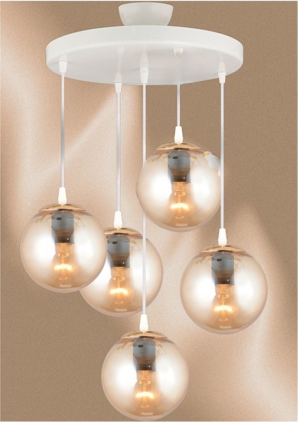 Şık Beyaz Sarkıt Tepsi 5'li Bal Glop Top Camlı Düz Aşağı Avize