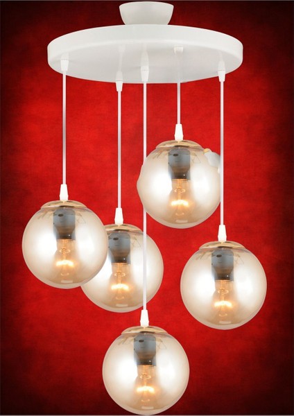 Şık Beyaz Sarkıt Tepsi 5'li Bal Glop Top Camlı Düz Aşağı Avize