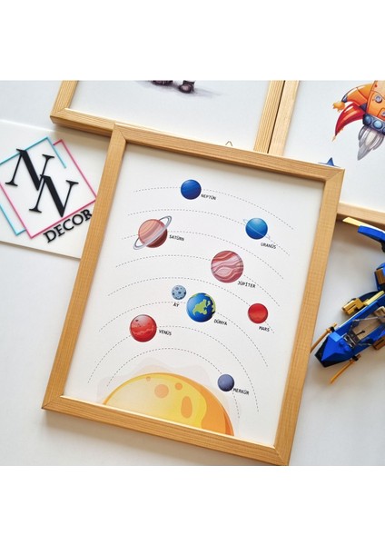 Pembe Uzay Temalı 3'lü Çocuk Oda Tablo Seti, Ahşap Çerçeveli, Gezegenler ve Astronotlar fırsatları