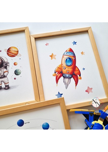 Pembe Uzay Temalı 3'lü Çocuk Oda Tablo Seti, Ahşap Çerçeveli, Gezegenler ve Astronotlar indirimleri